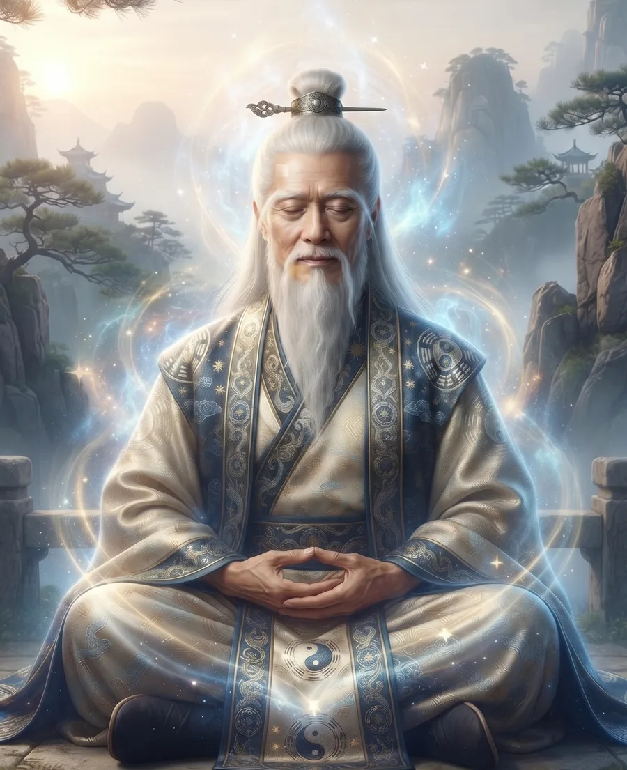 The Saju Master: a white-bearded sage meditating in starlit robes